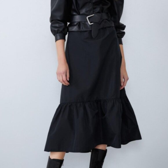 Zara Ruffle Midi Skirt Black Elastic Pull On Side Zipper High Waist Coord XS - Picture 1 of 9